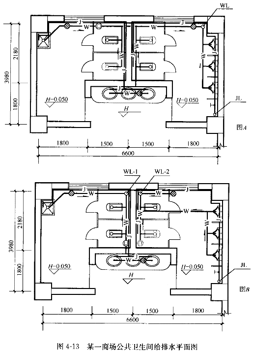 图4-12某一商场公共卫生间建筑平面图，用所提供图例绘出卫生间内给排水立管，给水排水管道平面布置图-中华考试网