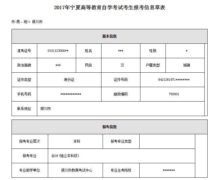 2017年宁夏自考报名信息草表