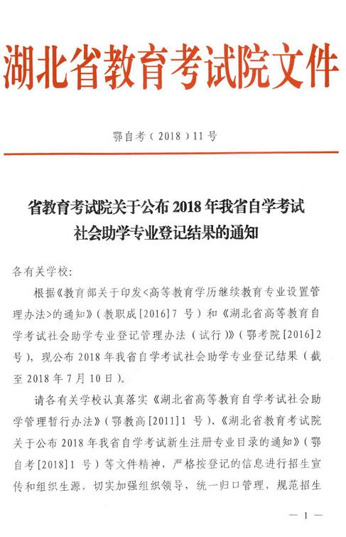 关于公布2018年湖北省自学考试社会助学专业