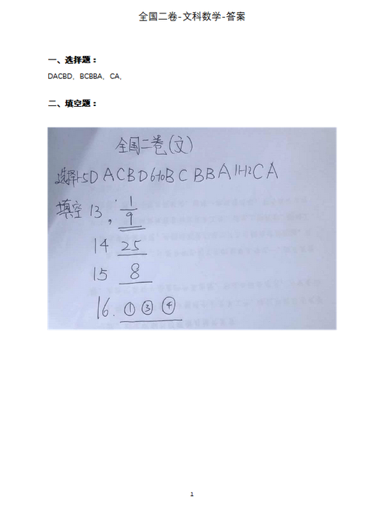 2020年重庆高考文科数学真题答案(图片版)